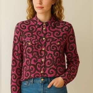 Tory Burch Swirl Print Shirt Size Small Pink Burgundy Western Bohemian